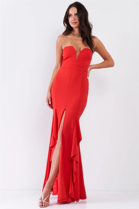 Flaming Red Sleeveless Plunging Sweetheart Neckline Ruffle Trim Front Slit Detail Fitted Maxi Dress /2-2-2 - Tasha Apparel Wholesale