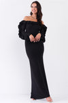 Black Off-The-Shoulder Ruffle Trim Detail Long Sleeve Fitted Maxi Dress /2-2-2