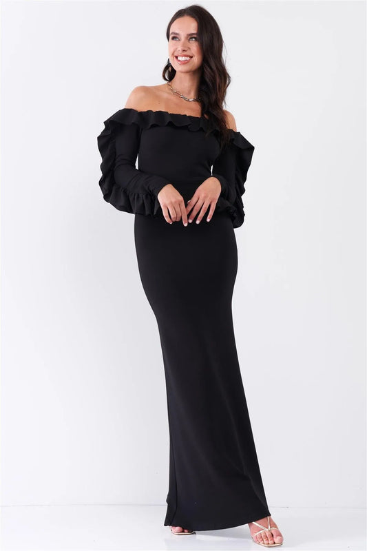 Black Off-The-Shoulder Ruffle Trim Detail Long Sleeve Fitted Maxi Dress /2-2-2 - Tasha Apparel Wholesale