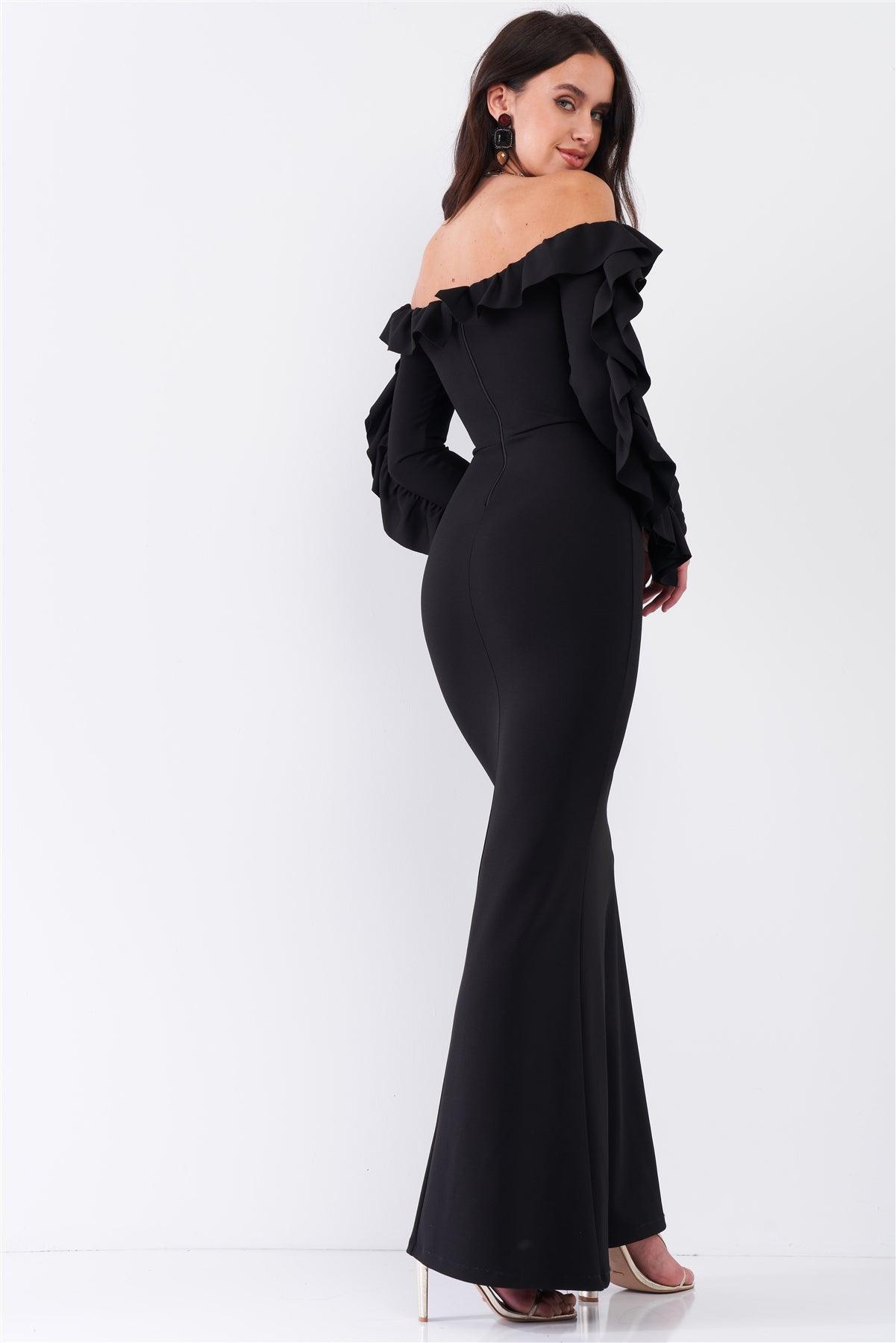 Black Off-The-Shoulder Ruffle Trim Detail Long Sleeve Fitted Maxi Dress /2-2-2