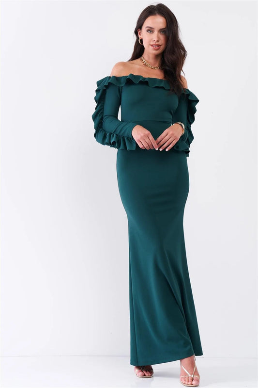 Hunter Green Off-The-Shoulder Ruffle Trim Detail Long Sleeve Fitted Maxi Dress /1-1-2 - Tasha Apparel Wholesale