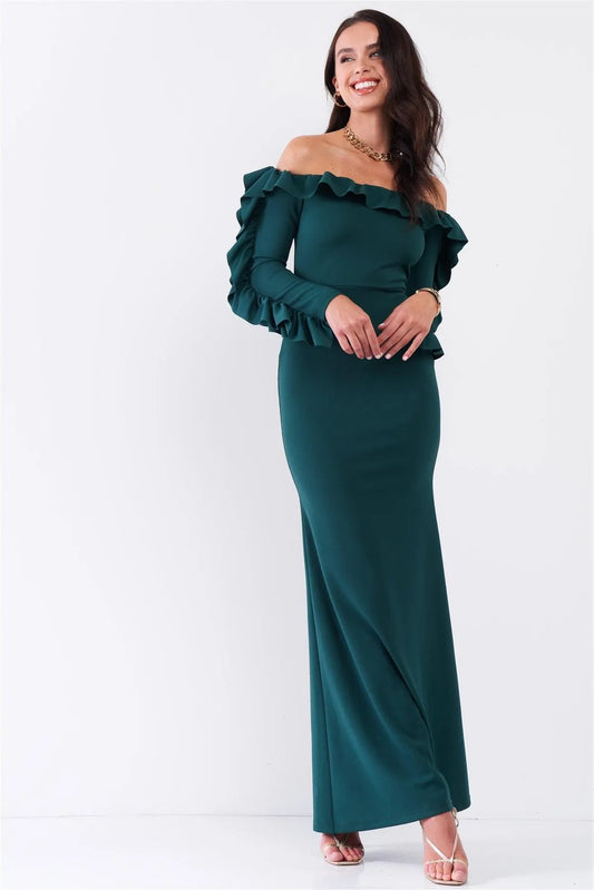 Hunter Green Off-The-Shoulder Ruffle Trim Detail Long Sleeve Fitted Maxi Dress /2-2-2 - Tasha Apparel Wholesale