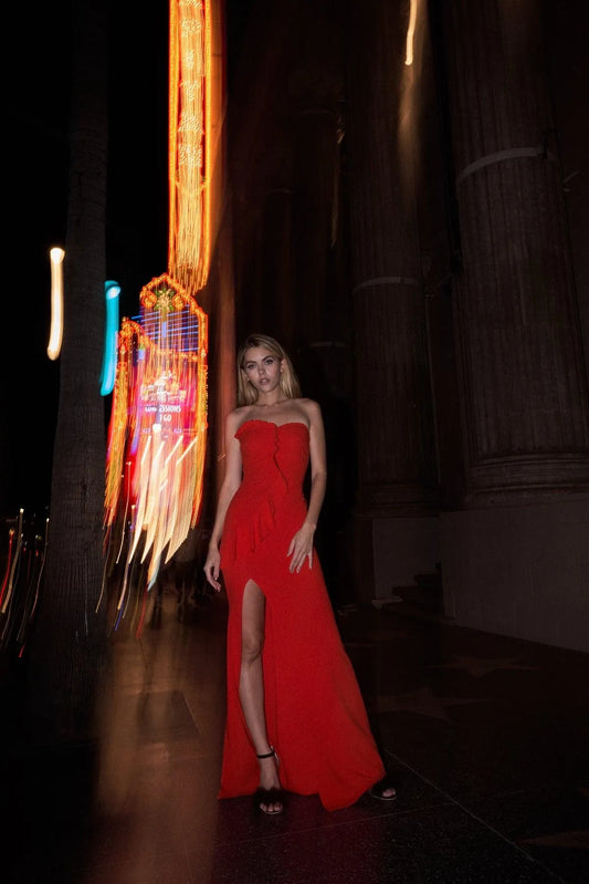 Red Sweetheart Cascading Ruffle Side Slit Maxi Dress /1-1-1 - Tasha Apparel Wholesale