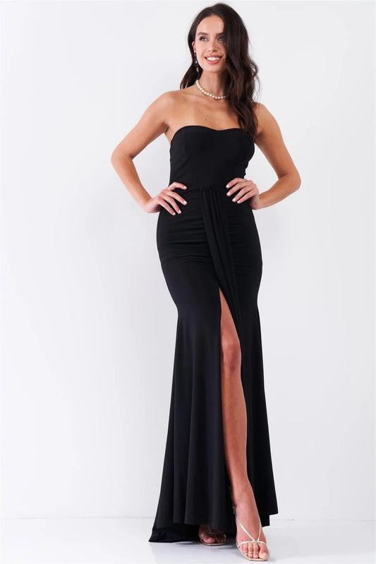 Black Heart Shaped Bust Strapless Deep Front Slip Draped Front Maxi Dress - Tasha Apparel Wholesale