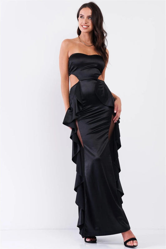 Black Satin Effect Sleeveless Sweetheart Neckline Open Back Ruffle Side Detail Maxi Dress /3-2-1 - Tasha Apparel Wholesale