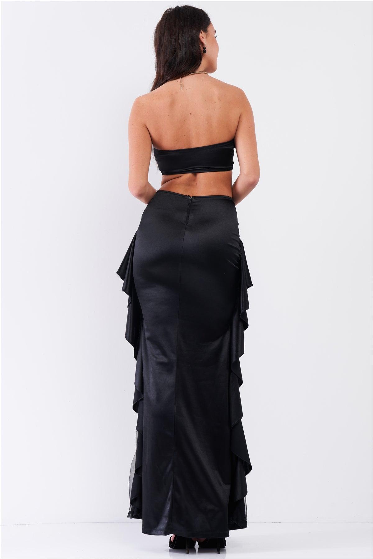 Black Satin Effect Sleeveless Sweetheart Neckline Open Back Ruffle Side Detail Maxi Dress /3-2-1