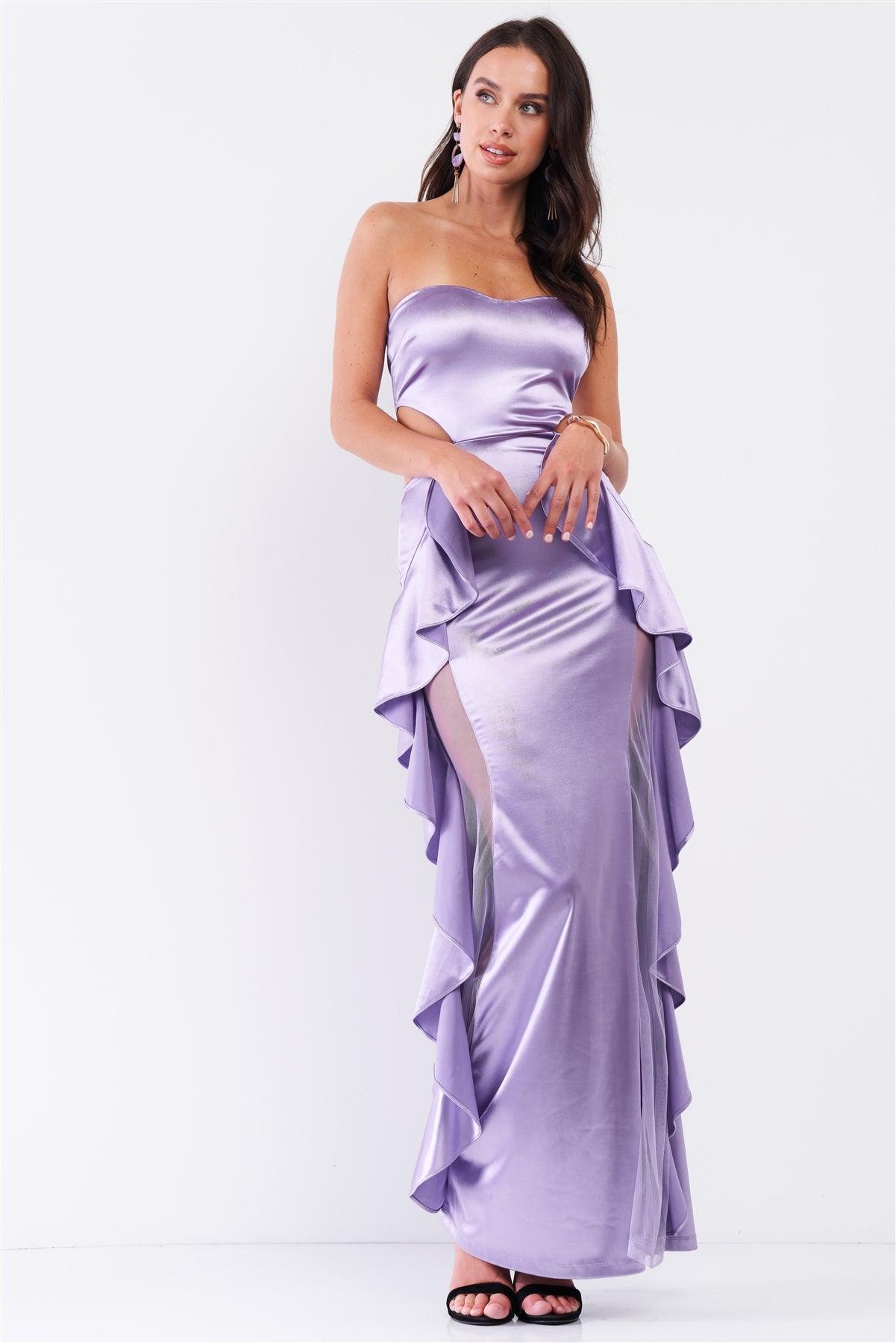 Lilac Satin Effect Sleeveless Sweetheart Neckline Open Back Ruffle Side Detail Maxi Dress /3-2-1