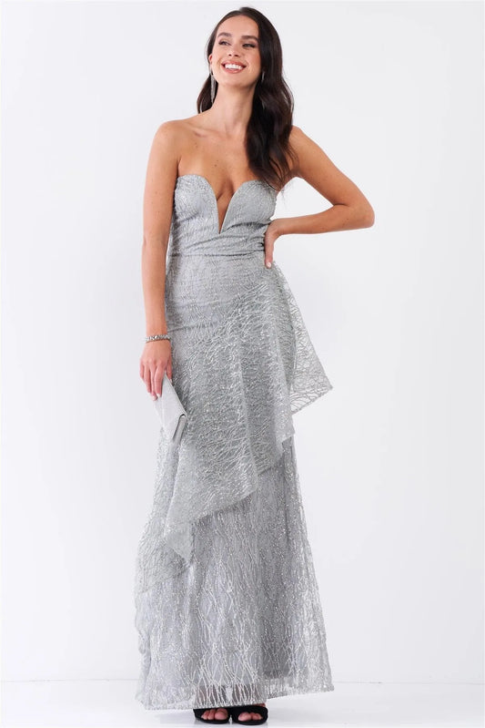 Frost Queen Silver Glitter Strokes Sleeveless Sweetheart Neckline Drape Trim Maxi Dress /3-2-1 - Tasha Apparel Wholesale