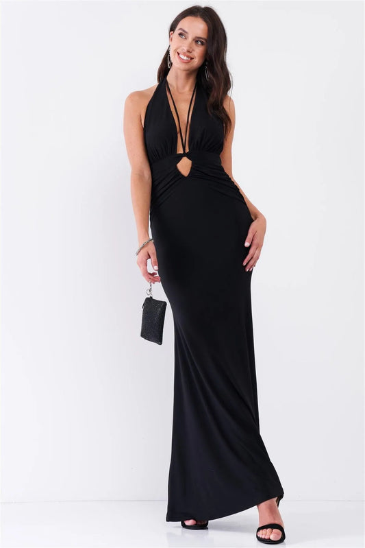 Black Halter Neck Front Cut Out Detail Ruched Self-Tie Long Straps Open Back Mermaid Maxi Dress - Tasha Apparel Wholesale