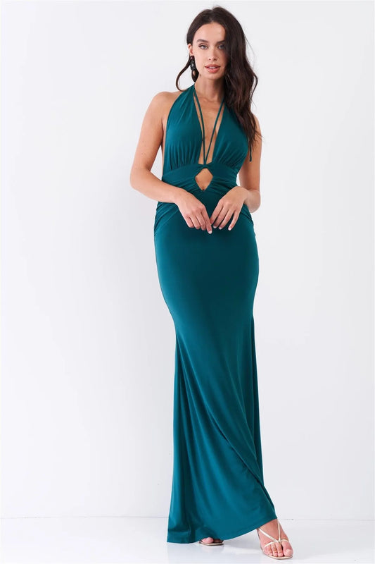 Emerald Halter Neck Front Cut Out Detail Ruched Self-Tie Long Straps Open Back Mermaid Maxi Dress /3-2-1 - Tasha Apparel Wholesale