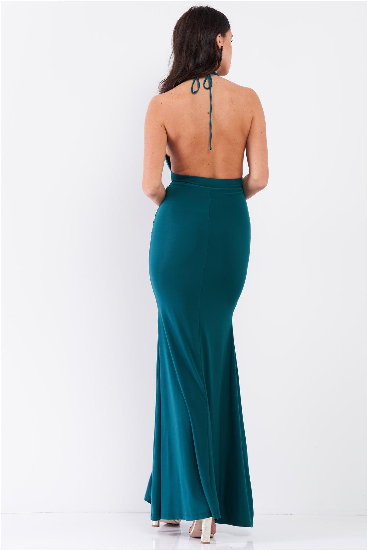 Emerald Halter Neck Front Cut Out Detail Ruched Self-Tie Long Straps Open Back Mermaid Maxi Dress /3-2-1