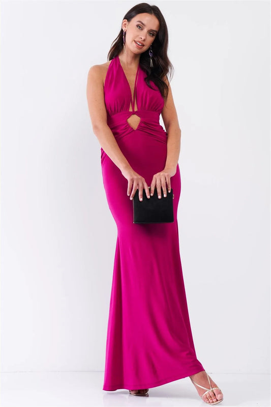 Magenta Halter Neck Front Cut Out Detail Ruched Self-Tie Long Straps Open Back Mermaid Maxi Dress /3-2-1 - Tasha Apparel Wholesale