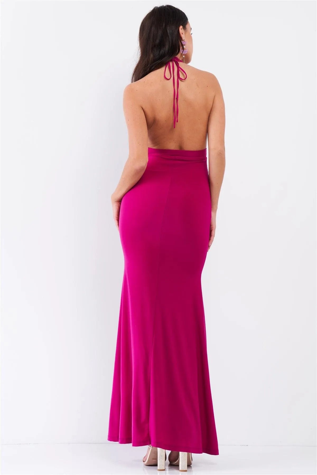 Magenta Halter Neck Front Cut Out Detail Ruched Self-Tie Long Straps Open Back Mermaid Maxi Dress /3-2-1 Magenta Halter Neck Front Cut Out Detail Ruched Self-Tie Long Straps Open Back Mermaid Maxi Dress /3-2-1