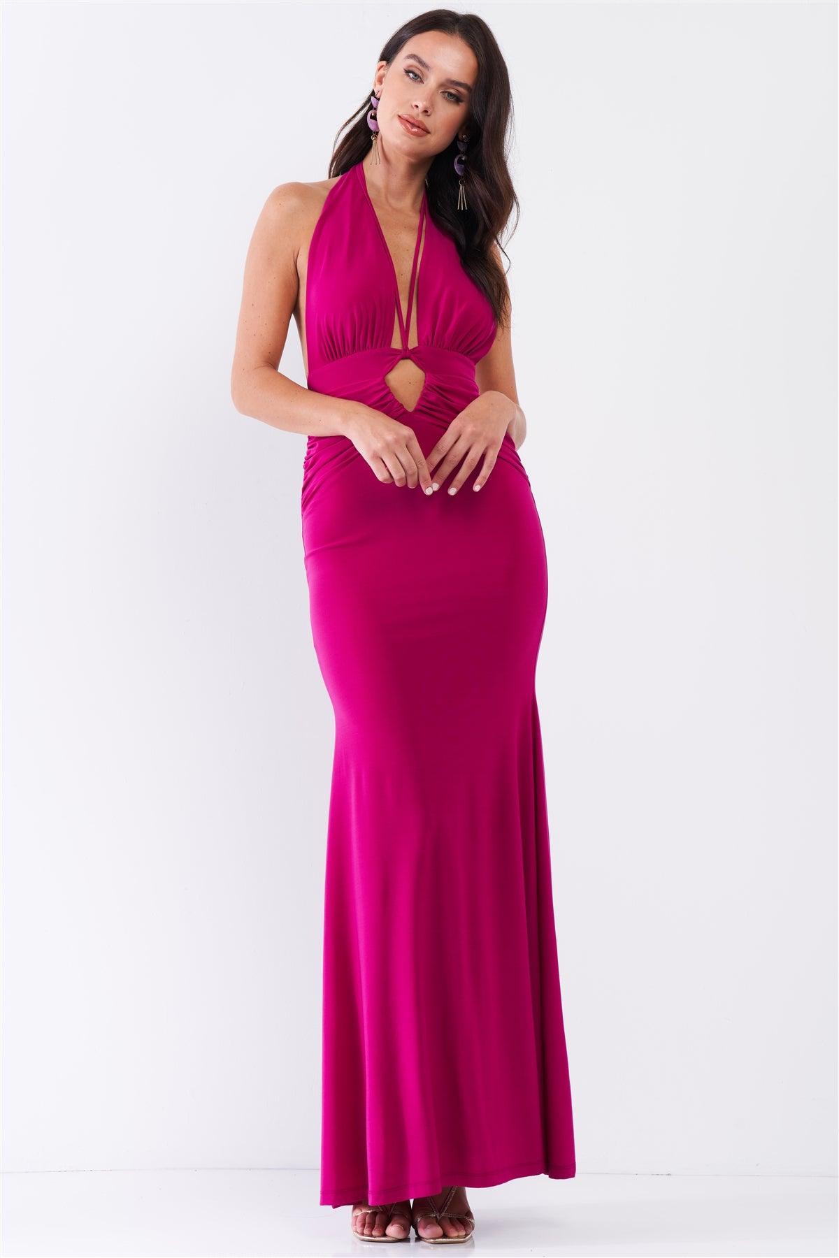 Magenta Halter Neck Front Cut Out Detail Ruched Self-Tie Long Straps Open Back Mermaid Maxi Dress /3-2-1
