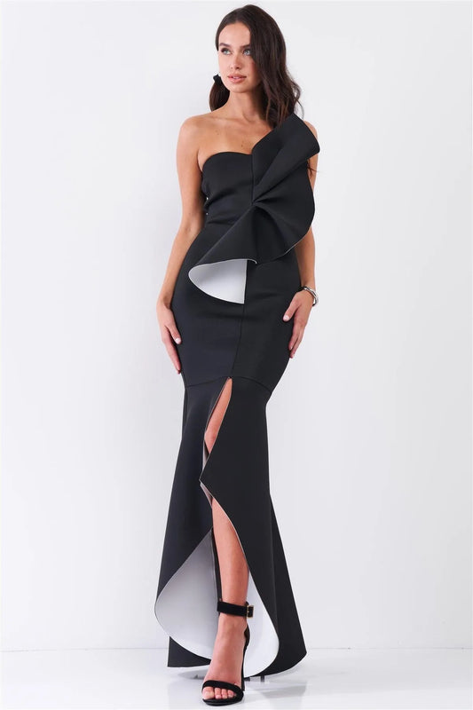 Black And White Draped Front Strapless Front Slip Mermaid Maxi Dress /3-2-1 - Tasha Apparel Wholesale