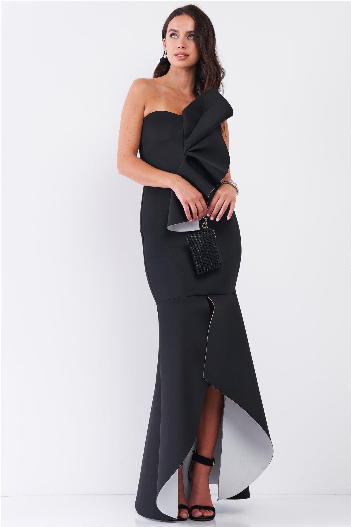 Black And White Draped Front Strapless Front Slip Mermaid Maxi Dress