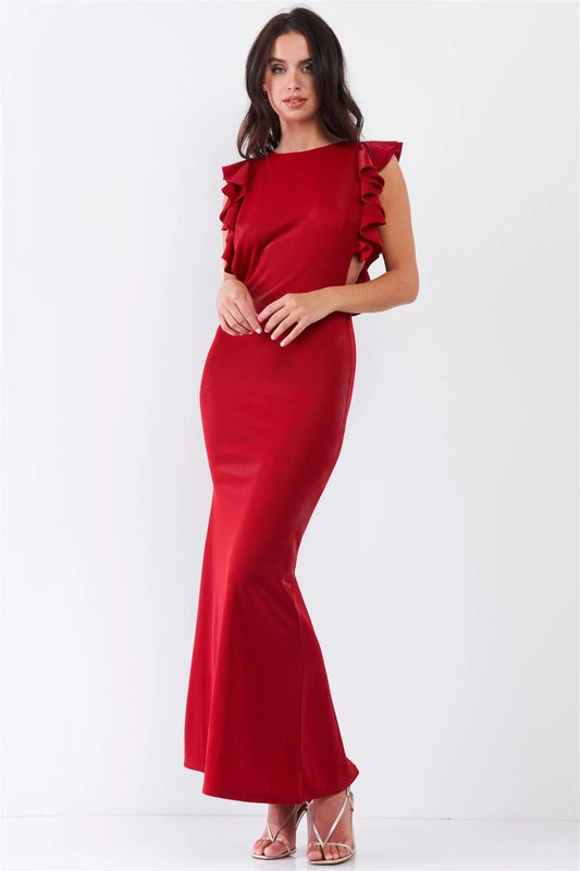 Maroon Red Sleeveless Cut-Out Armholes Ruffle Trim Fitted Maxi Dress /2-1-1 - Tasha Apparel Wholesale