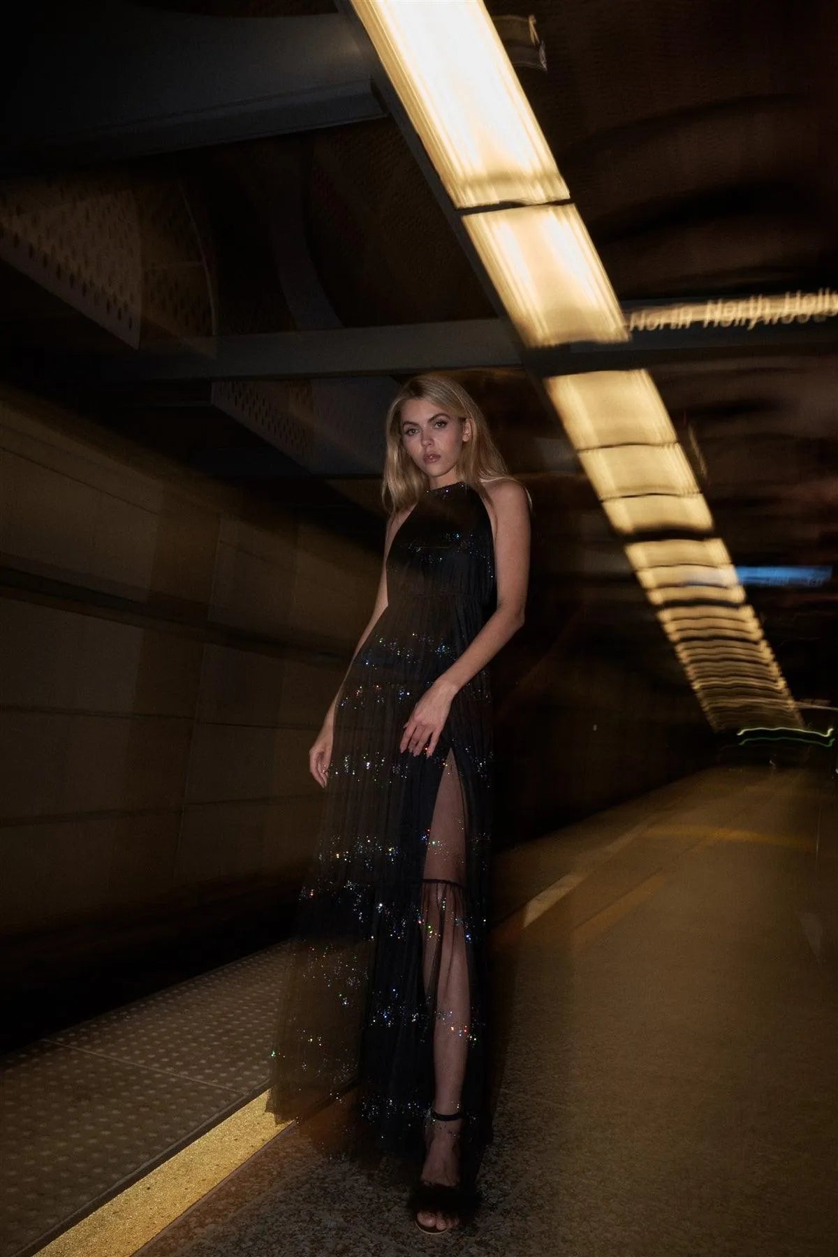 Black Sleeveless Halter Neck Open Back Holographic Glitter Splashes Detail Tulle Gown - Tasha Apparel Wholesale