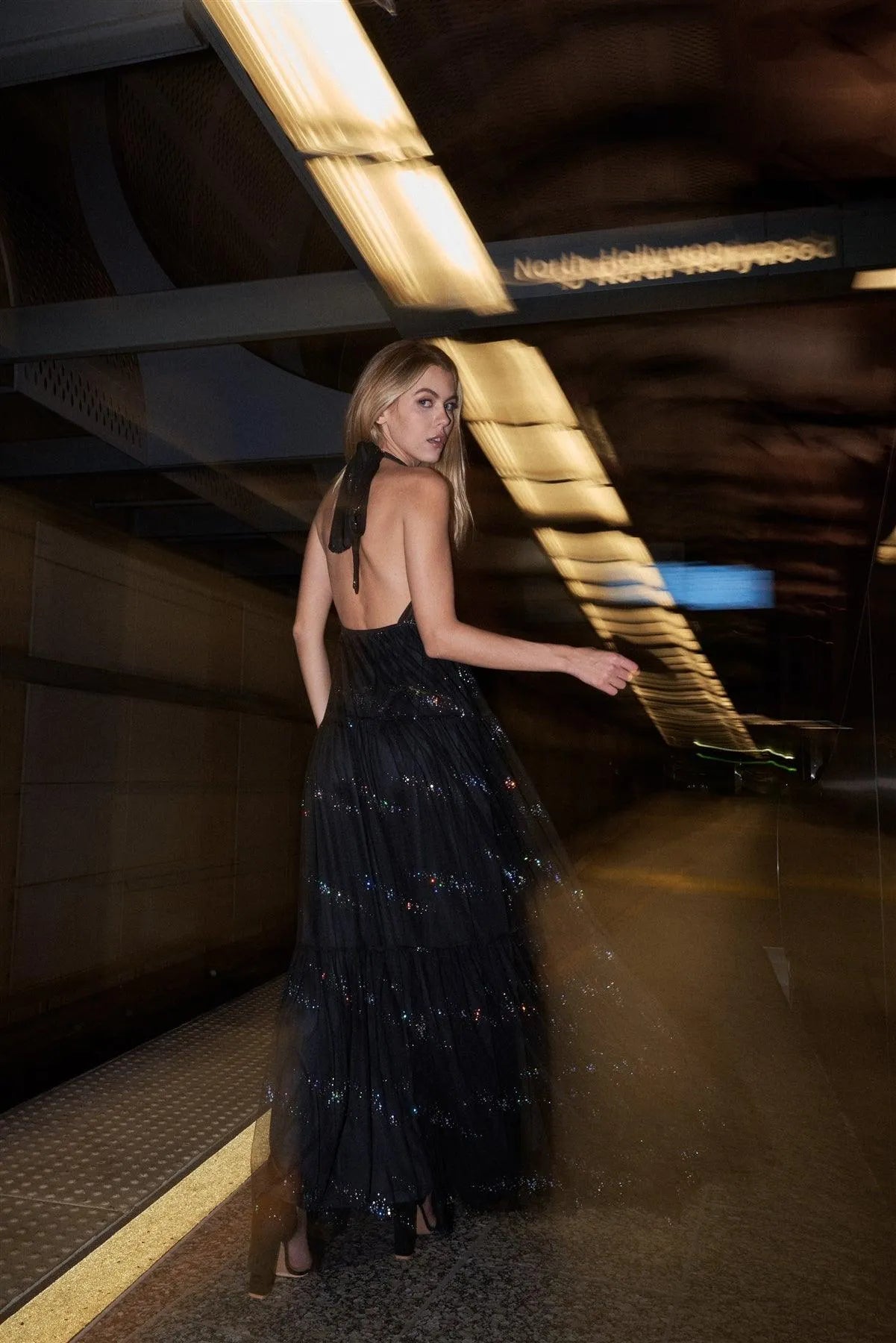 Black Sleeveless Halter Neck Open Back Holographic Glitter Splashes Detail Tulle Gown - Tasha Apparel Wholesale