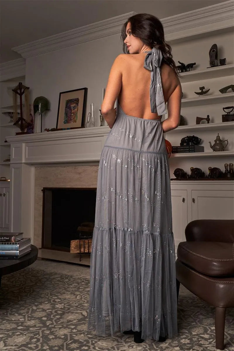 Mystic Grey Sleeveless Halter Neck Open Back Holographic Glitter Splashes Detail Tulle Gown /3-2-1 Mystic Grey Sleeveless Halter Neck Open Back Holographic Glitter Splashes Detail Tulle Gown /3-2-1