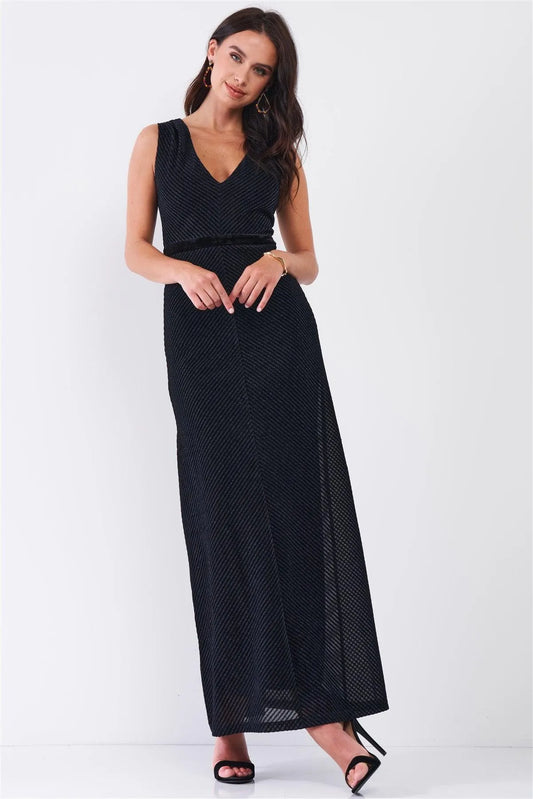 Navy Black Striped Sleeveless V-Neck Velvet Waistband Detail Fitted Maxi Dress /3-2-1 - Tasha Apparel Wholesale