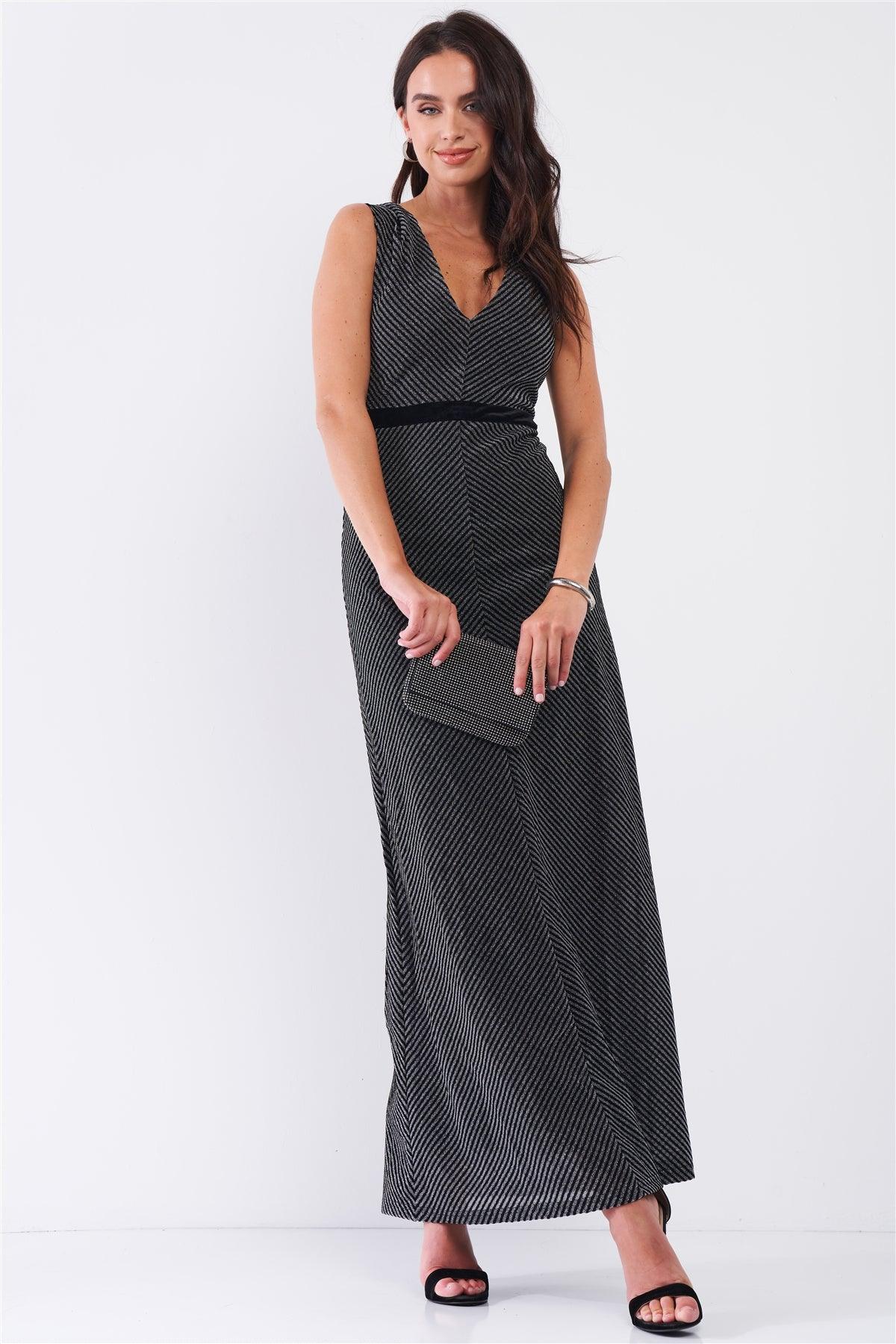 Black Silver Striped Sleeveless V-Neck Velvet Waistband Detail Fitted Maxi Dress /3-2-1