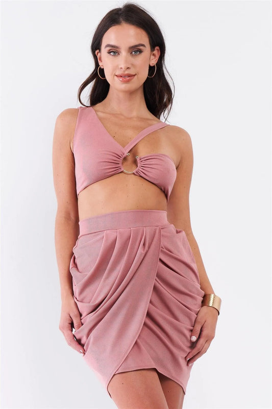 Blush Sleeveless Circular Barbell Ring Detail Asymmetrical Bustier Top & High Waisted Gathered Tulip Skirt Set /2-2-1 - Tasha Apparel Wholesale