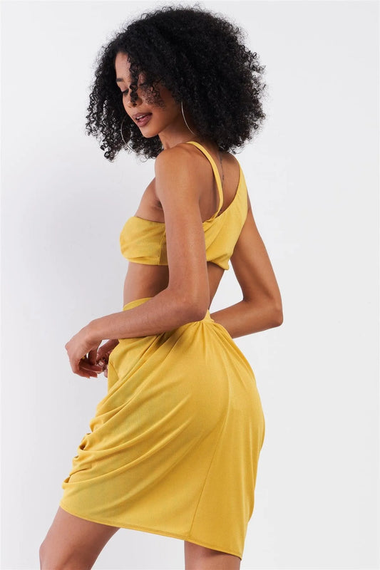 Pineapple Yellow Sleeveless Circular Barbell Ring Detail Asymmetrical Bustier Top & High Waisted Gathered Tulip Skirt Set /3-2-1 - Tasha Apparel Wholesale