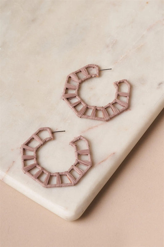 Geo Octagon Raffia Light Brown Hoop Earrings /1 Pair - Tasha Apparel Wholesale