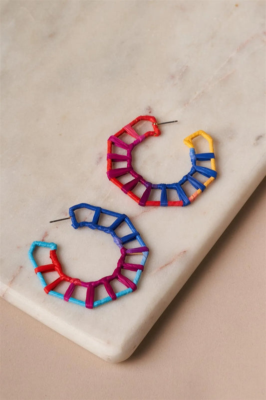 Geo Octagon Raffia Multi Colored Hoop Earrings /1 Pair - Tasha Apparel Wholesale