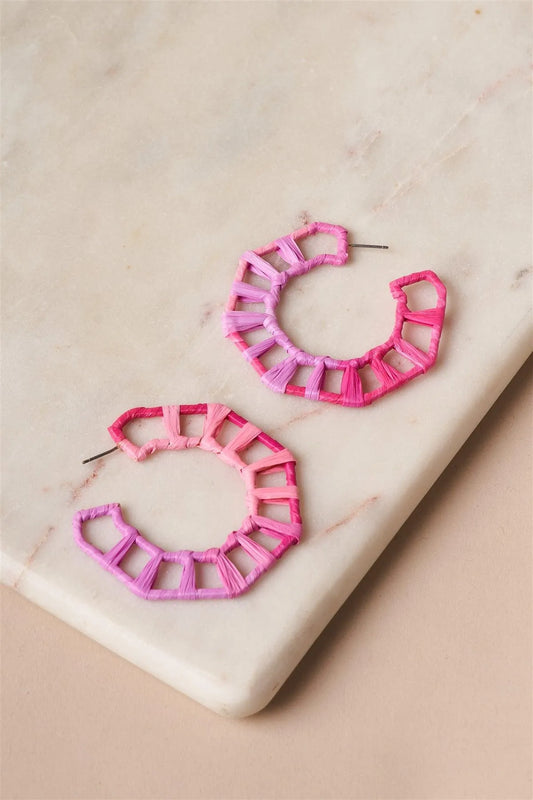 Geo Octagon Raffia Pink Ombre Hoop Earrings /6 Pairs - Tasha Apparel Wholesale