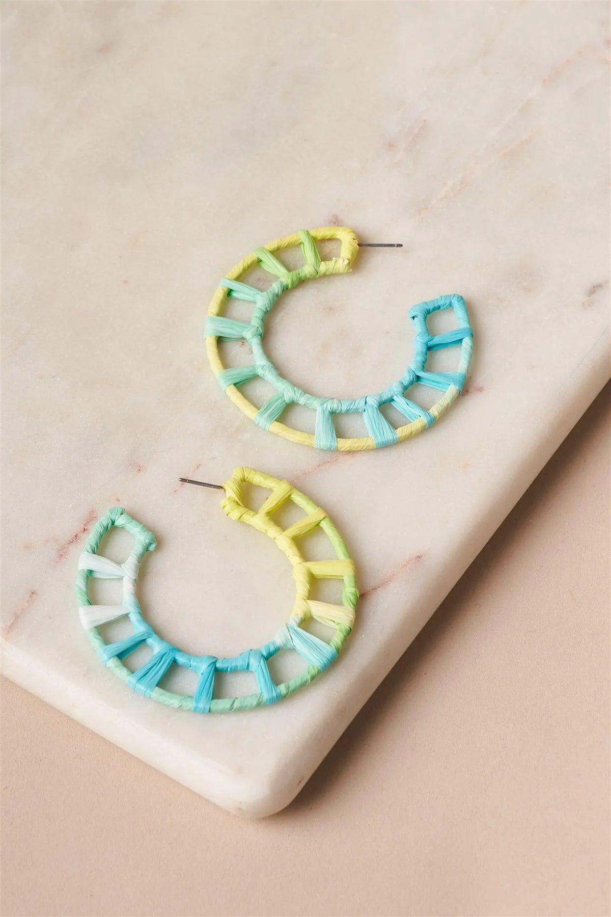 Geo Circular Raffia Blue-Green Ombre Hoop Earrings /6 Pairs - Tasha Apparel Wholesale