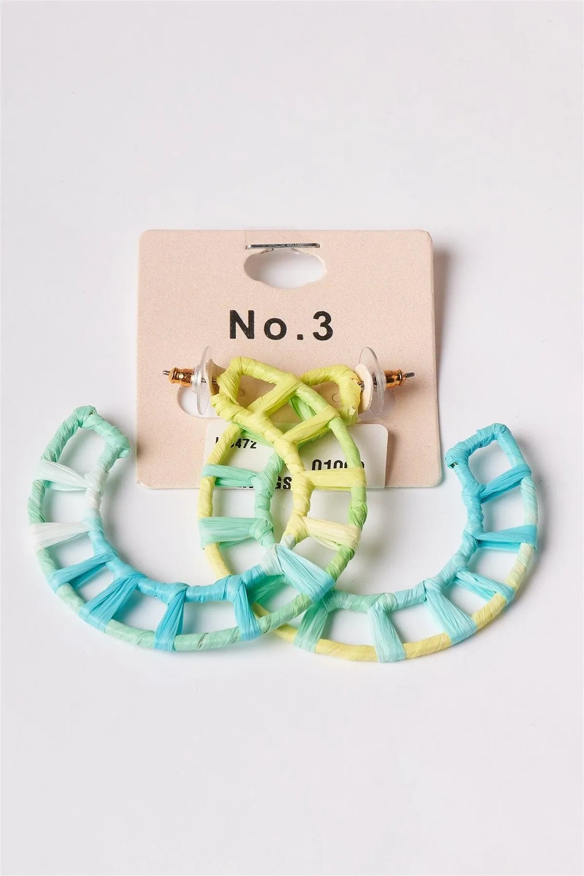Geo Circular Raffia Blue-Green Ombre Hoop Earrings /6 Pairs - Tasha Apparel Wholesale