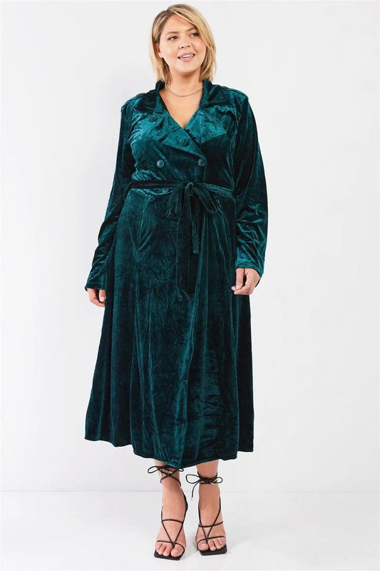 Junior Plus Hunter Green Velvet Long Sleeve Maxi Smoking Jacket /3-2-1 - Tasha Apparel Wholesale