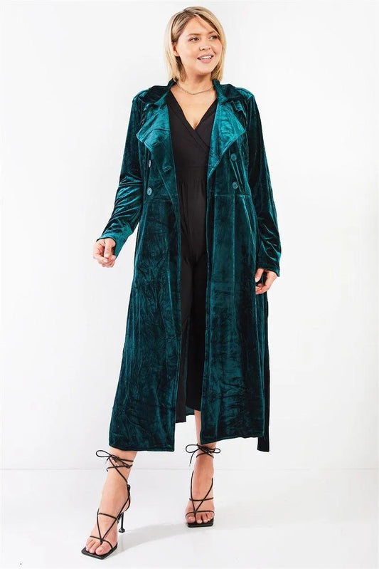 Junior Plus Hunter Green Velvet Long Sleeve Maxi Smoking Jacket /3-2-2 - Tasha Apparel Wholesale