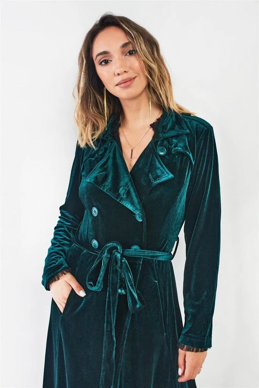 Hunter Green Velvet Long Sleeve Maxi Smoking Jacket /2-2-1 - Tasha Apparel Wholesale