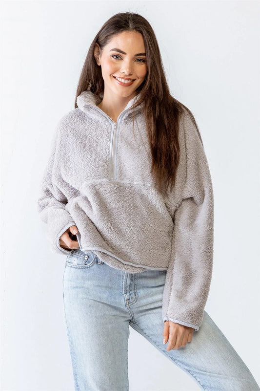 Grey Mock Neck Zip-Up One Pocket Front Long Sleeve Soft-To-Touch Teddy Jacket /3-2-1 - Tasha Apparel Wholesale