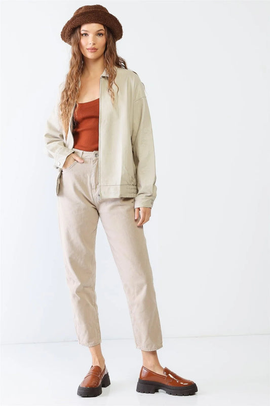 Cream Faux Leather Flower Print Collared Neck Zip-Up Two Pocket Jacket /1-2-2-1 - Tasha Apparel Wholesale