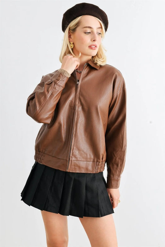 Brown Faux Leather Zip-Up Collared Neck Long Sleeve Jacket /1-2-2-1 - Tasha Apparel Wholesale
