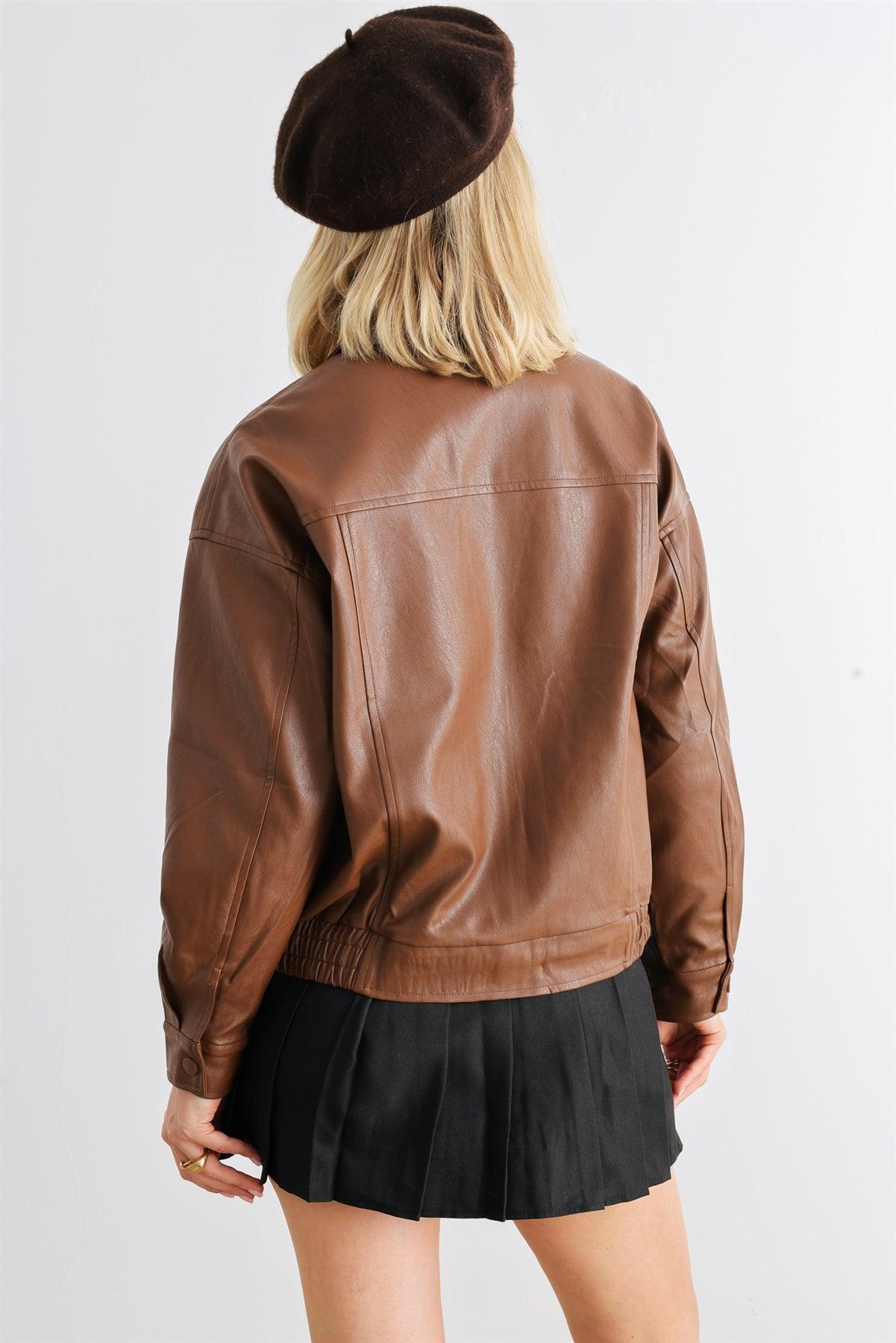 Brown Faux Leather Zip-Up Collared Neck Long Sleeve Jacket /1-2-2-1