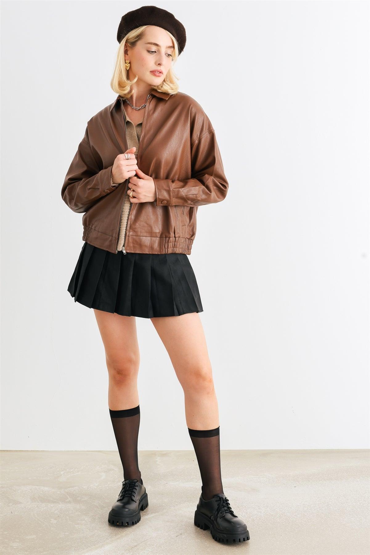Brown Faux Leather Zip-Up Collared Neck Long Sleeve Jacket /1-2-2-1