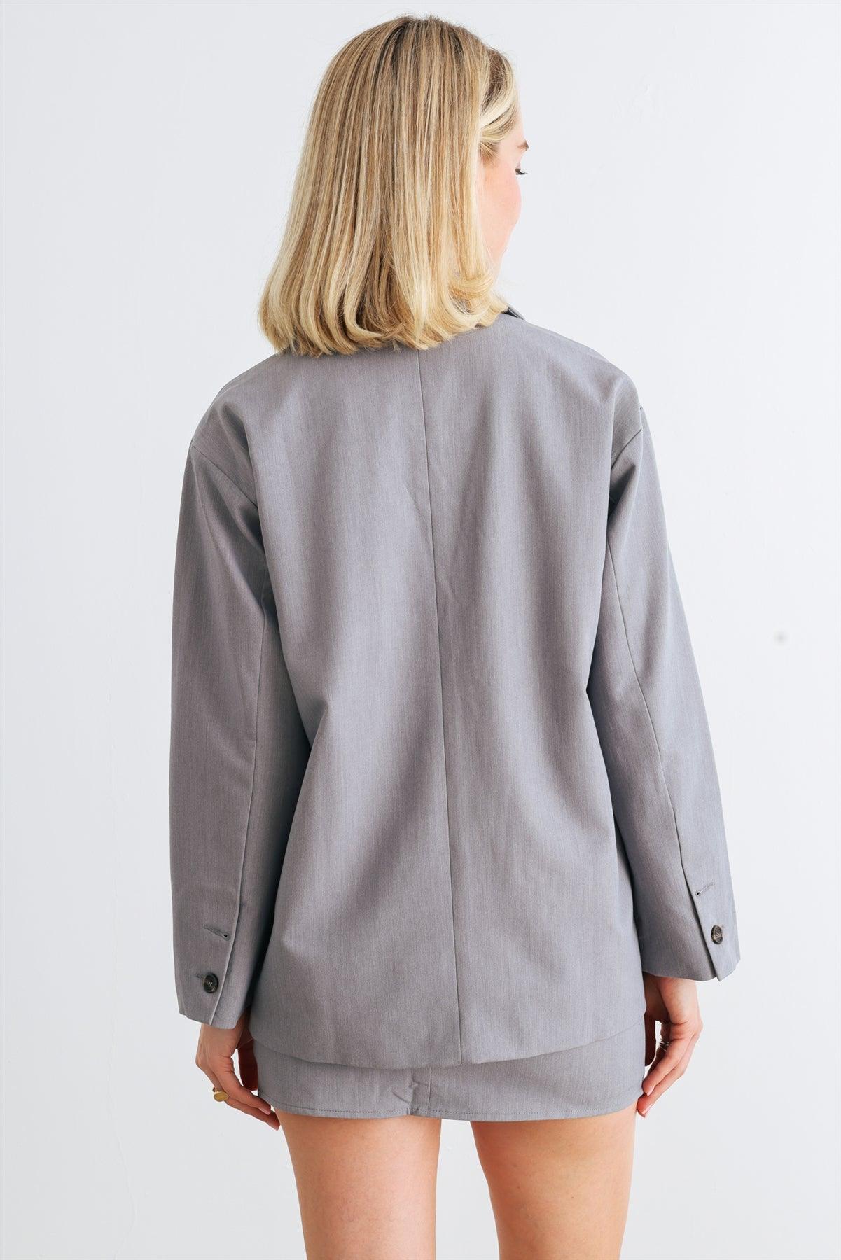 Heather Grey Button-Up Collared Neck Long Sleeve Blazer & High Waist Mini Skirt Set /1-2-2-1