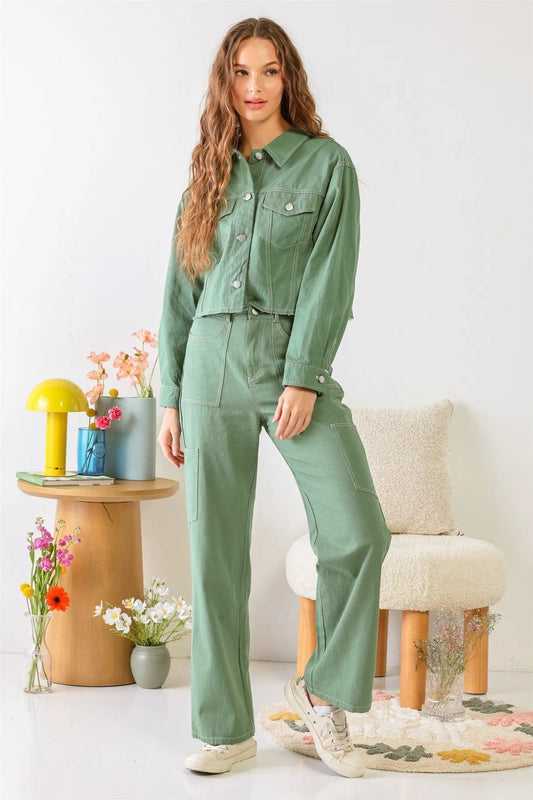 Green Cotton Denim Button-Up Collared Neck Two Pocket Jacket & High Waist Six Pocket Wide Leg Pants Set /1-2-2-1 - Tasha Apparel Wholesale