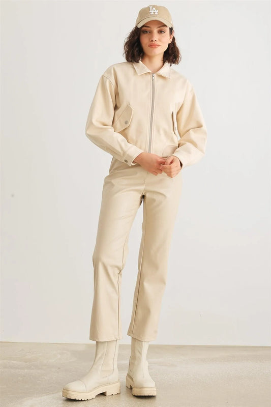 Cream Vegan Suede Collared Neck Two Pocket Zip-Up Jacket /1-2-2-1 - Tasha Apparel Wholesale