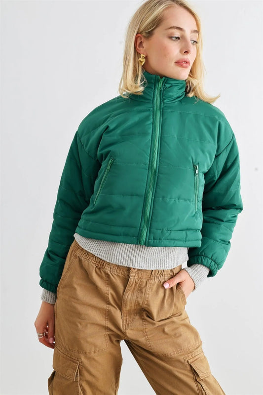 Green Puffer Zip-Up Two Pocket Cropped Jacket /1-2-2-1 - Tasha Apparel Wholesale