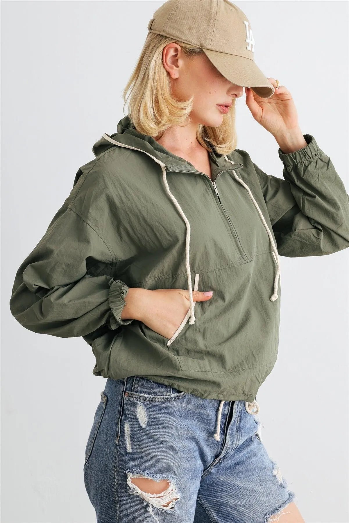 Dusty Green Zip-Up Long Sleeve Drawstring Hem Hooded Pullover /1-2-2-1 - Tasha Apparel Wholesale