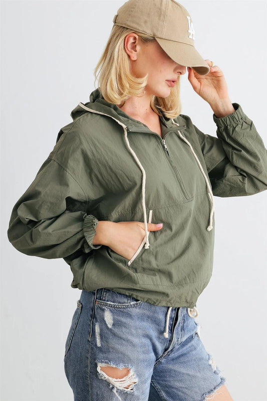 Dusty Green Zip-Up Long Sleeve Drawstring Hem Hooded Pullover /1-2-2-1 - Tasha Apparel Wholesale