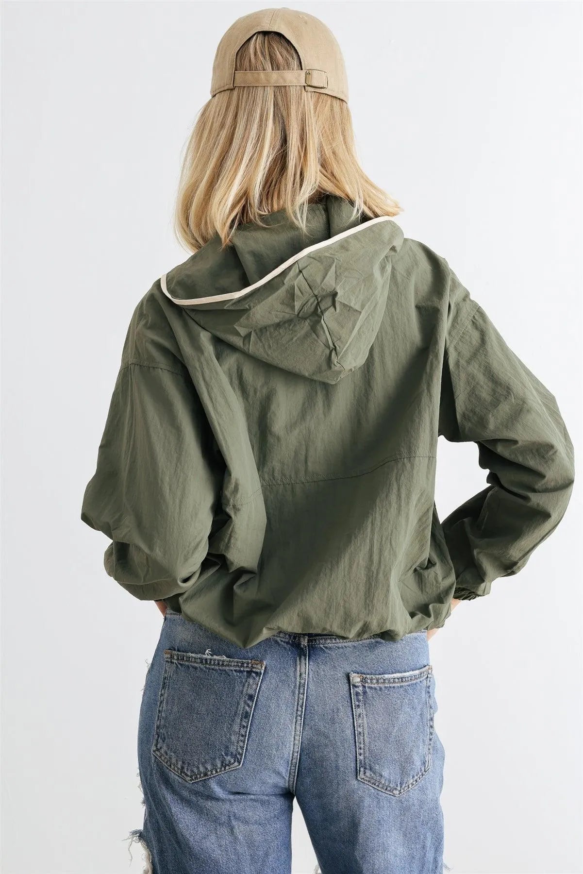 Dusty Green Zip-Up Long Sleeve Drawstring Hem Hooded Pullover /1-2-2-1 - Tasha Apparel Wholesale