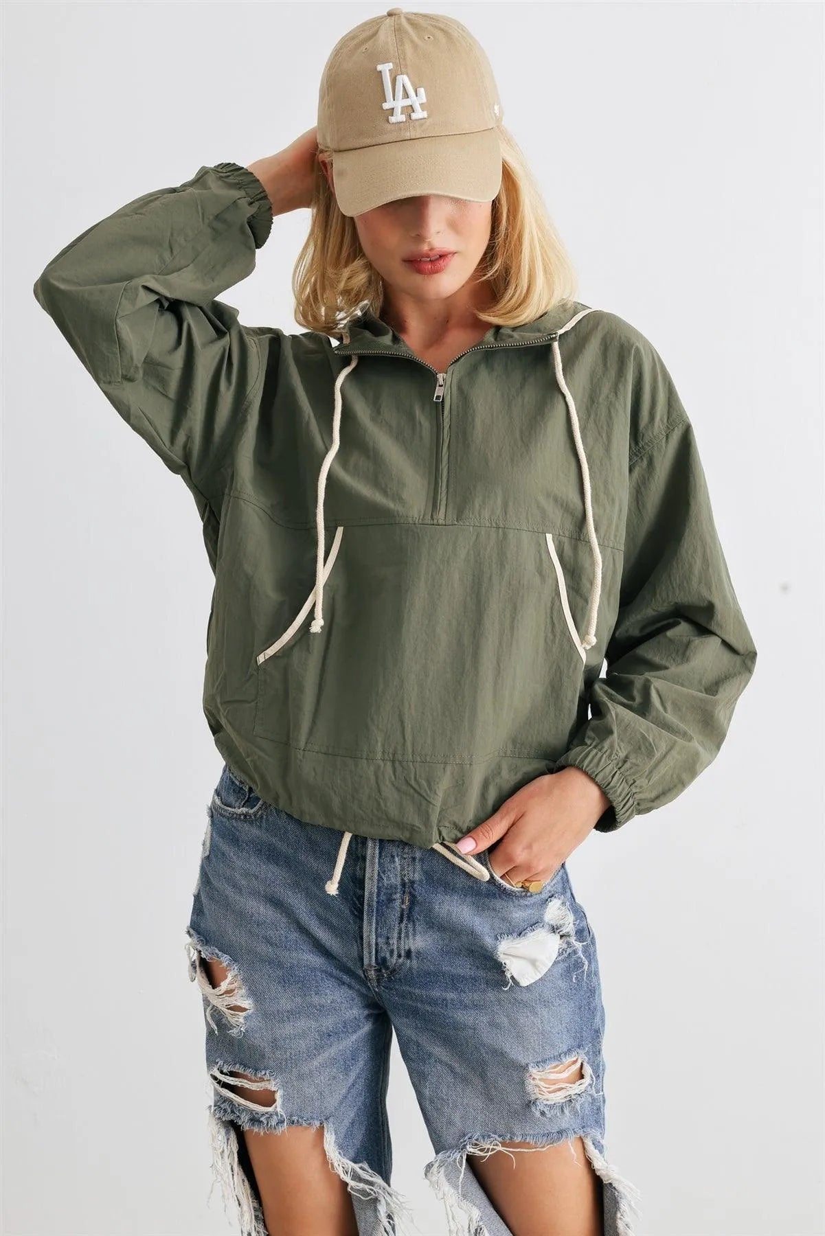 Dusty Green Zip-Up Long Sleeve Drawstring Hem Hooded Pullover /1-2-2-1 - Tasha Apparel Wholesale