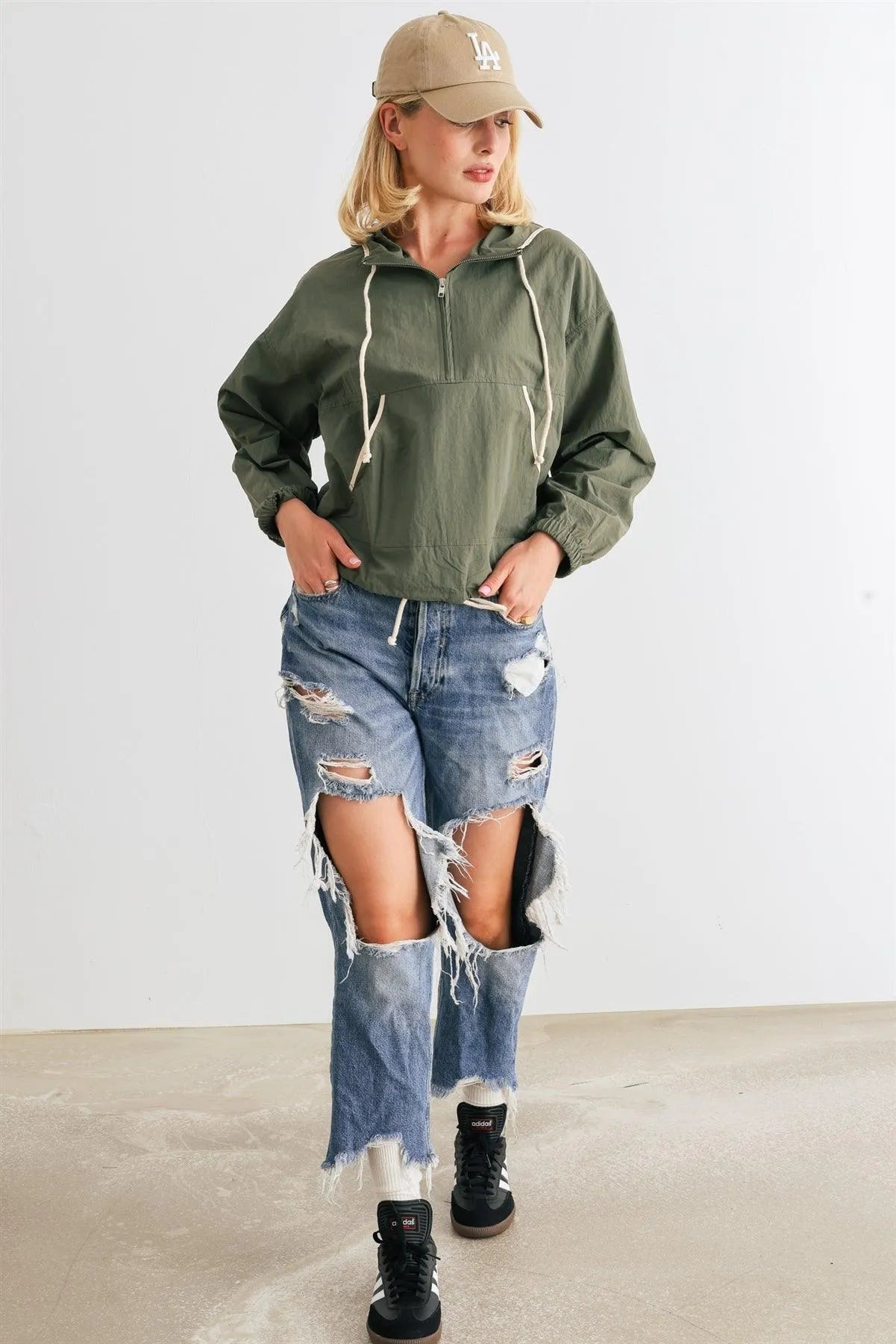 Dusty Green Zip-Up Long Sleeve Drawstring Hem Hooded Pullover /1-2-2-1 - Tasha Apparel Wholesale